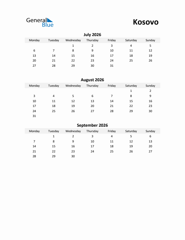 Printable Quarterly Calendar with Notes and Kosovo Holidays- Q3 of 2026