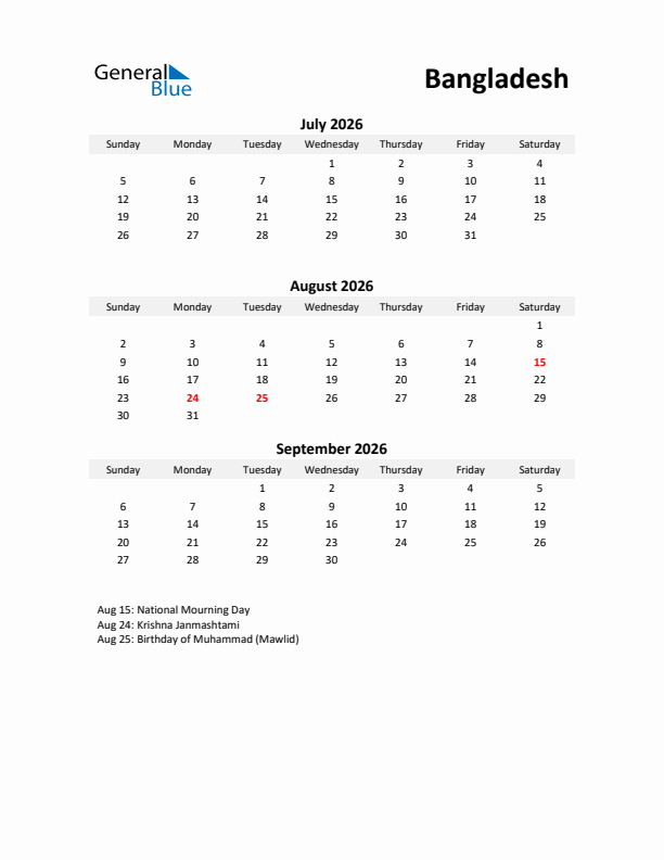 Printable Quarterly Calendar with Notes and Bangladesh Holidays- Q3 of 2026