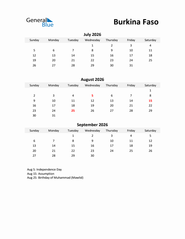 Printable Quarterly Calendar with Notes and Burkina Faso Holidays- Q3 of 2026