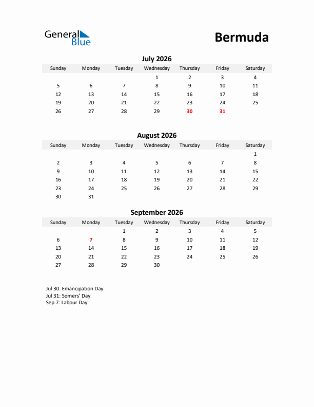 Printable Quarterly Calendar with Notes and Bermuda Holidays- Q3 of 2026