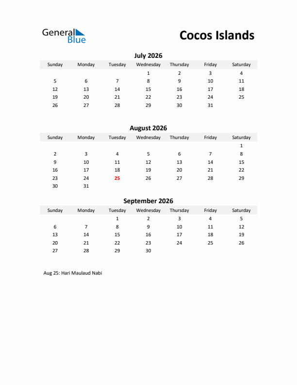 Printable Quarterly Calendar with Notes and Cocos Islands Holidays- Q3 of 2026