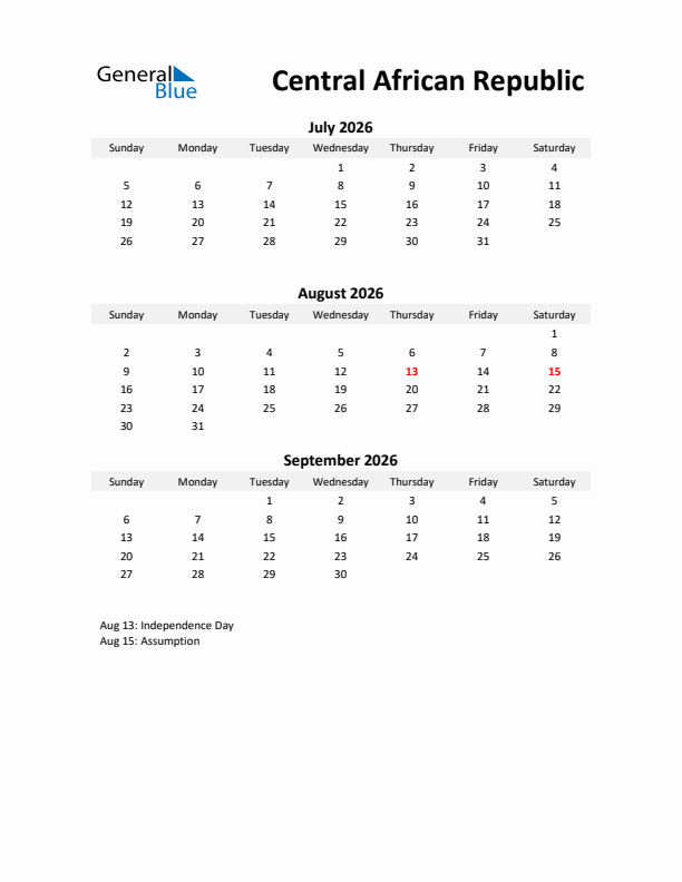 Printable Quarterly Calendar with Notes and Central African Republic Holidays- Q3 of 2026