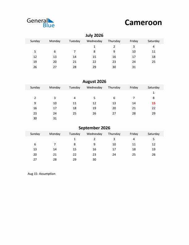 Printable Quarterly Calendar with Notes and Cameroon Holidays- Q3 of 2026