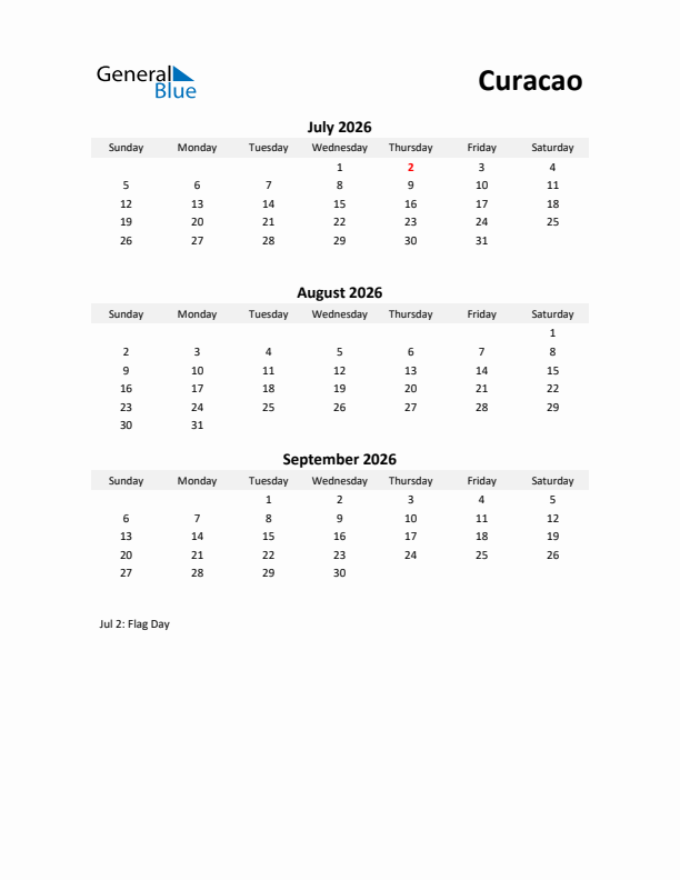 Printable Quarterly Calendar with Notes and Curacao Holidays- Q3 of 2026