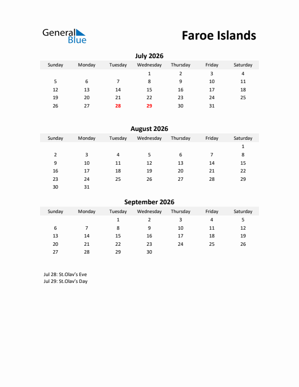 Printable Quarterly Calendar with Notes and Faroe Islands Holidays- Q3 of 2026