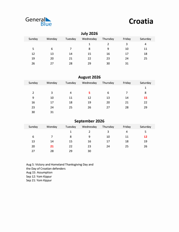 Printable Quarterly Calendar with Notes and Croatia Holidays- Q3 of 2026