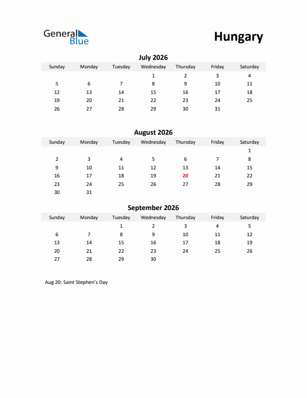 Printable Quarterly Calendar with Notes and Hungary Holidays- Q3 of 2026