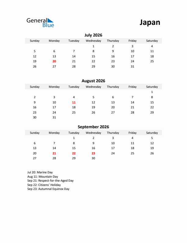 Printable Quarterly Calendar with Notes and Japan Holidays- Q3 of 2026