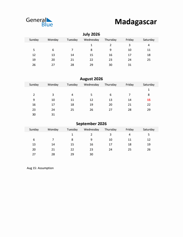 Printable Quarterly Calendar with Notes and Madagascar Holidays- Q3 of 2026