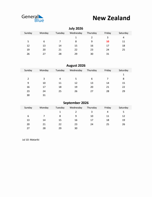 Printable Quarterly Calendar with Notes and New Zealand Holidays- Q3 of 2026