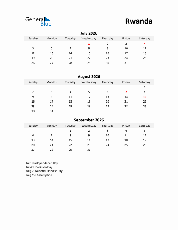 Printable Quarterly Calendar with Notes and Rwanda Holidays- Q3 of 2026