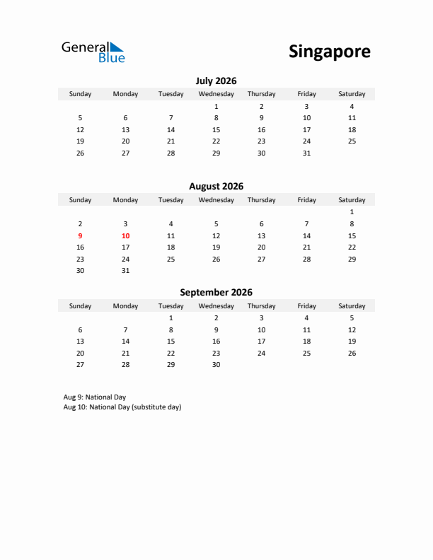 Printable Quarterly Calendar with Notes and Singapore Holidays- Q3 of 2026