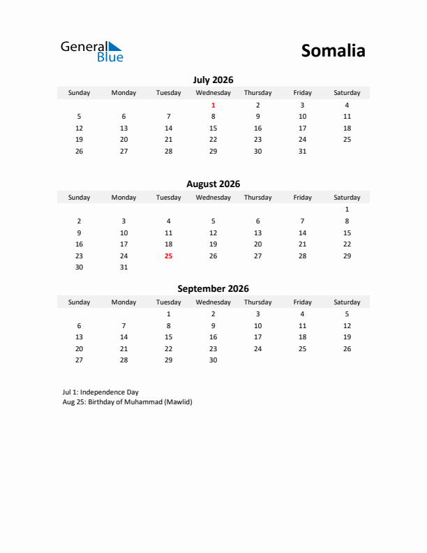 Printable Quarterly Calendar with Notes and Somalia Holidays- Q3 of 2026