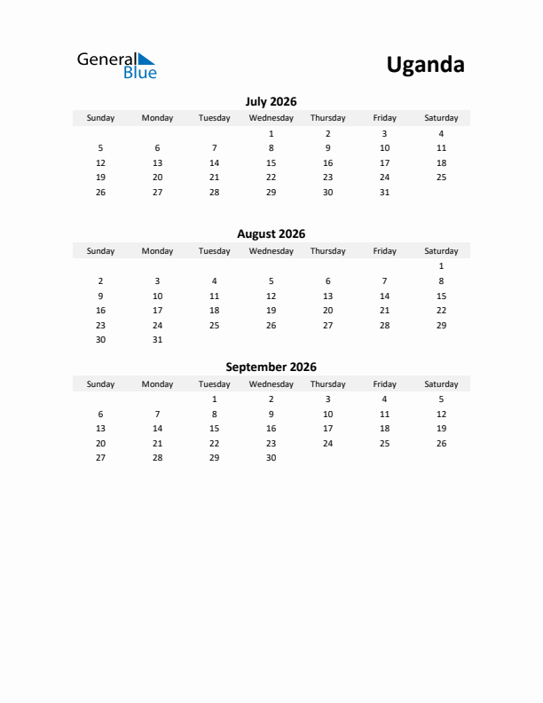 Printable Quarterly Calendar with Notes and Uganda Holidays- Q3 of 2026