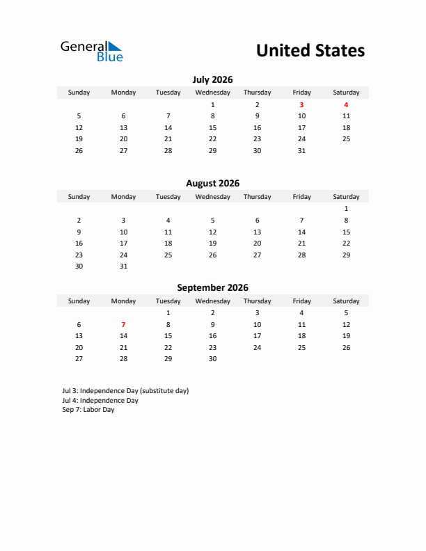 Printable Quarterly Calendar with Notes and United States Holidays- Q3 of 2026