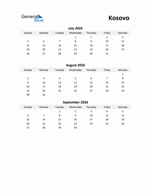 Printable Quarterly Calendar with Notes and Kosovo Holidays- Q3 of 2026