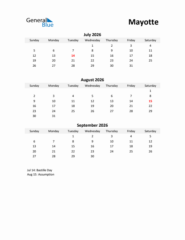 Printable Quarterly Calendar with Notes and Mayotte Holidays- Q3 of 2026