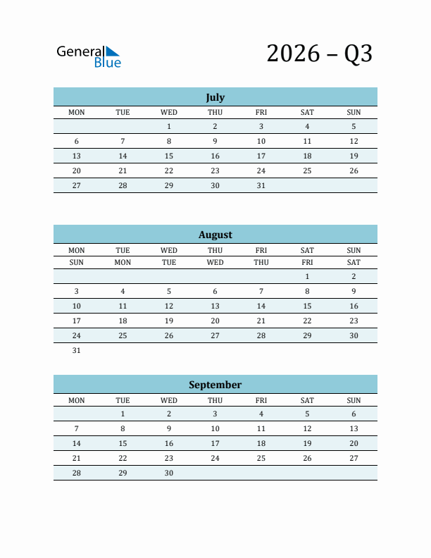 July, August, and September 2026 Calendar