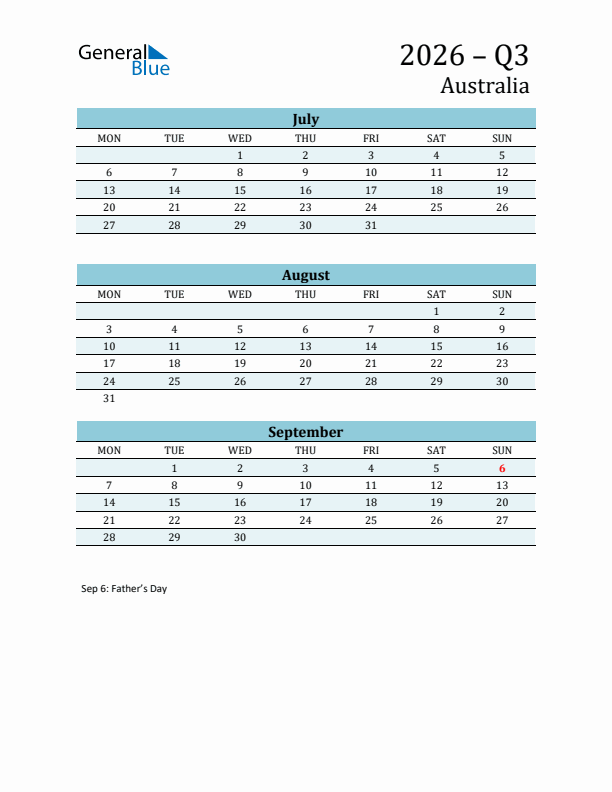 Three-Month Planner for Q3 2026 with Holidays - Australia