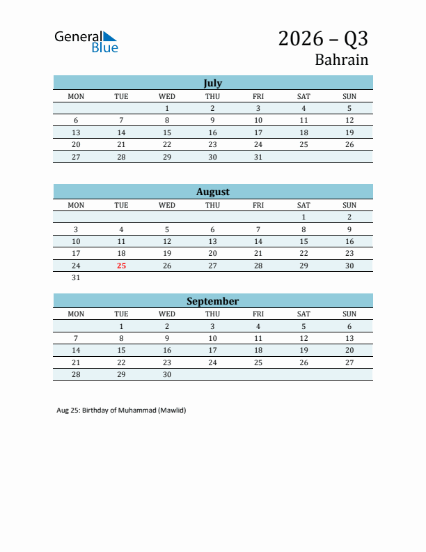 Three-Month Planner for Q3 2026 with Holidays - Bahrain