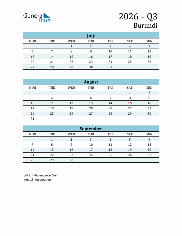 Three-Month Planner for Q3 2026 with Holidays - Burundi