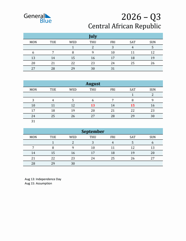 Three-Month Planner for Q3 2026 with Holidays - Central African Republic