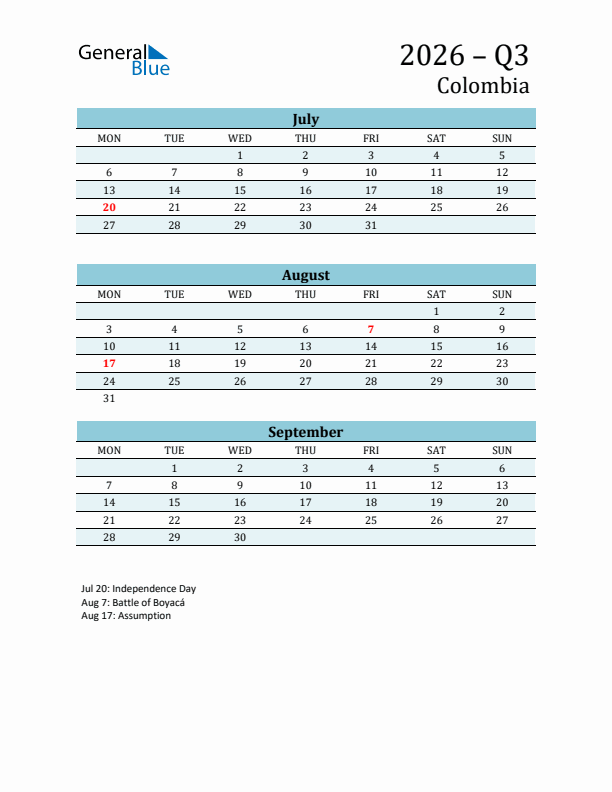 Three-Month Planner for Q3 2026 with Holidays - Colombia