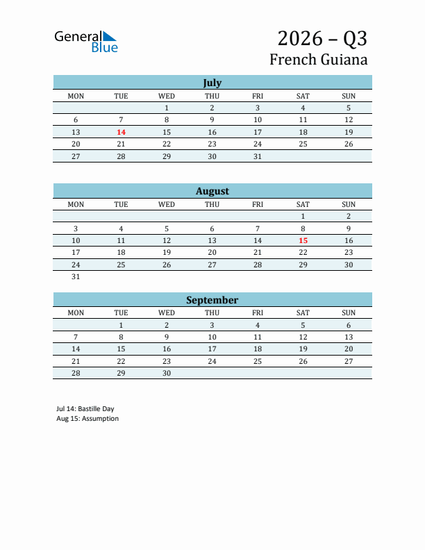 Three-Month Planner for Q3 2026 with Holidays - French Guiana