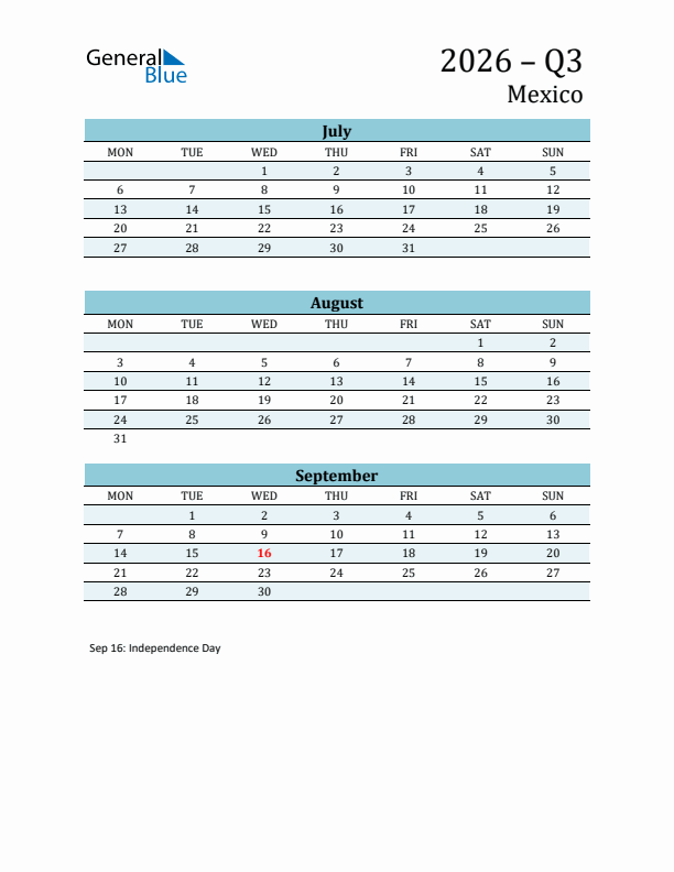 Three-Month Planner for Q3 2026 with Holidays - Mexico