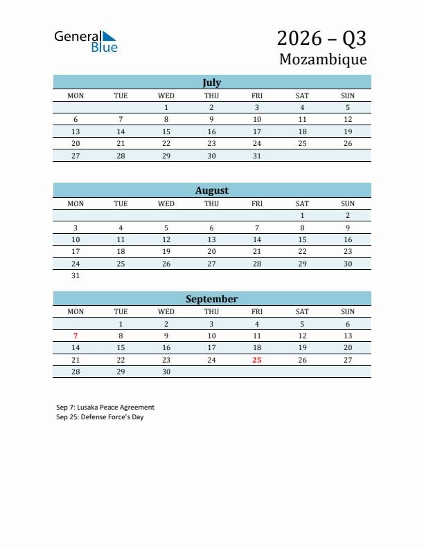 Three-Month Planner for Q3 2026 with Holidays - Mozambique