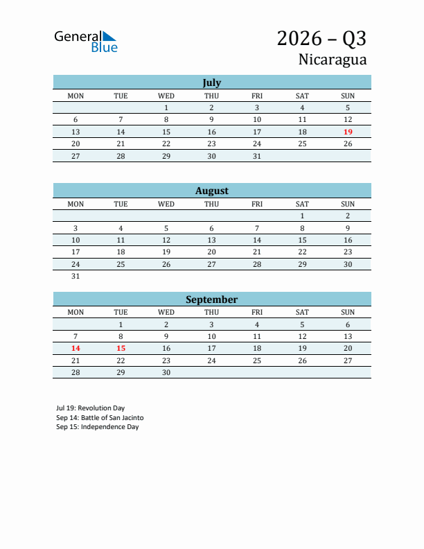 Three-Month Planner for Q3 2026 with Holidays - Nicaragua