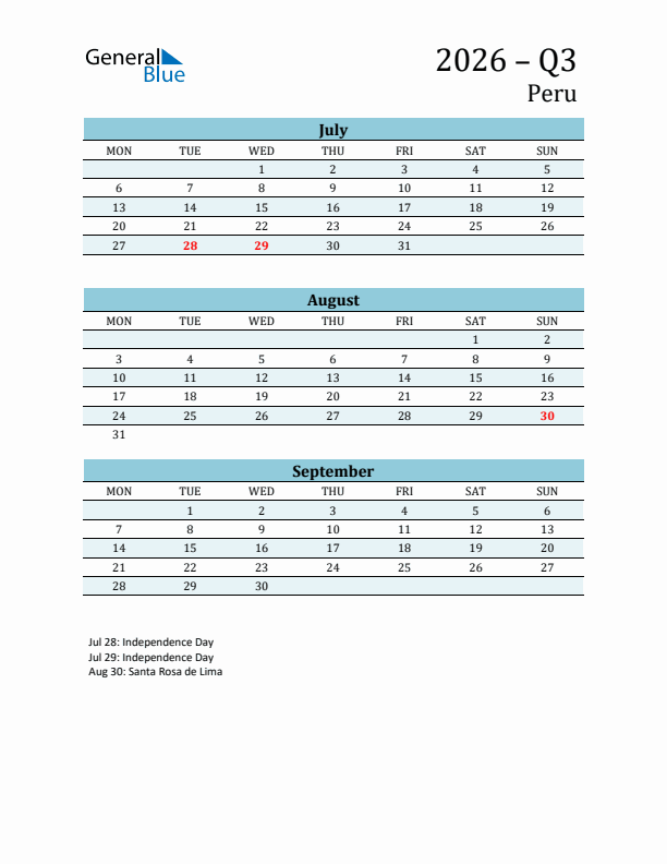 Three-Month Planner for Q3 2026 with Holidays - Peru