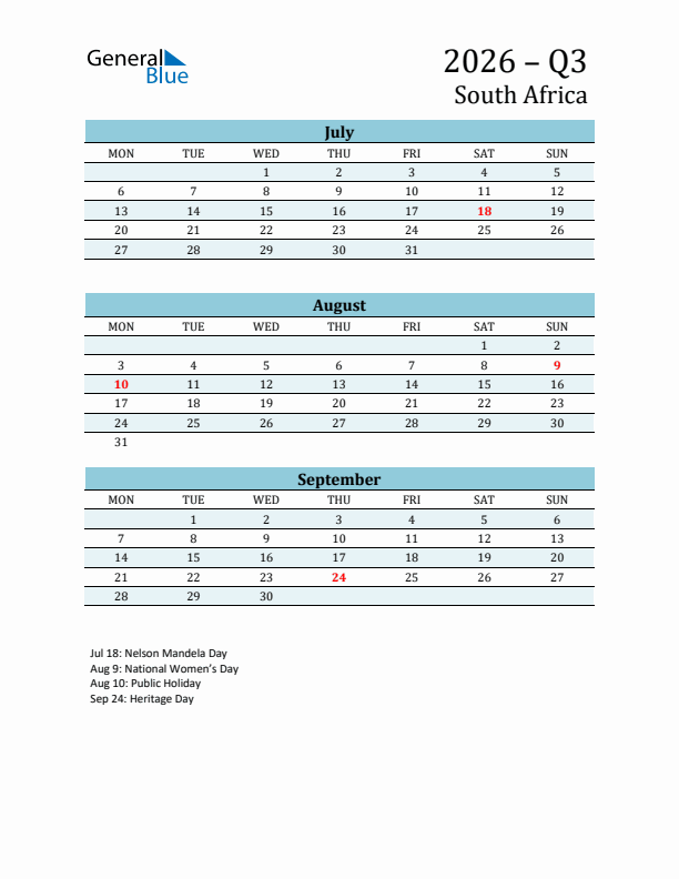 Three-Month Planner for Q3 2026 with Holidays - South Africa