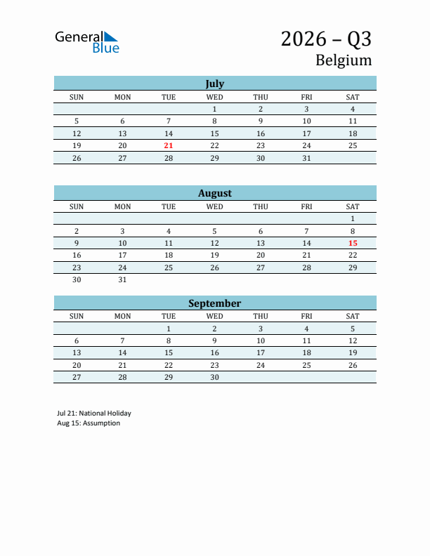 Three-Month Planner for Q3 2026 with Holidays - Belgium