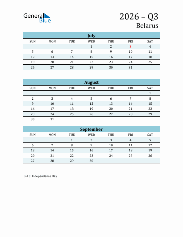 Three-Month Planner for Q3 2026 with Holidays - Belarus