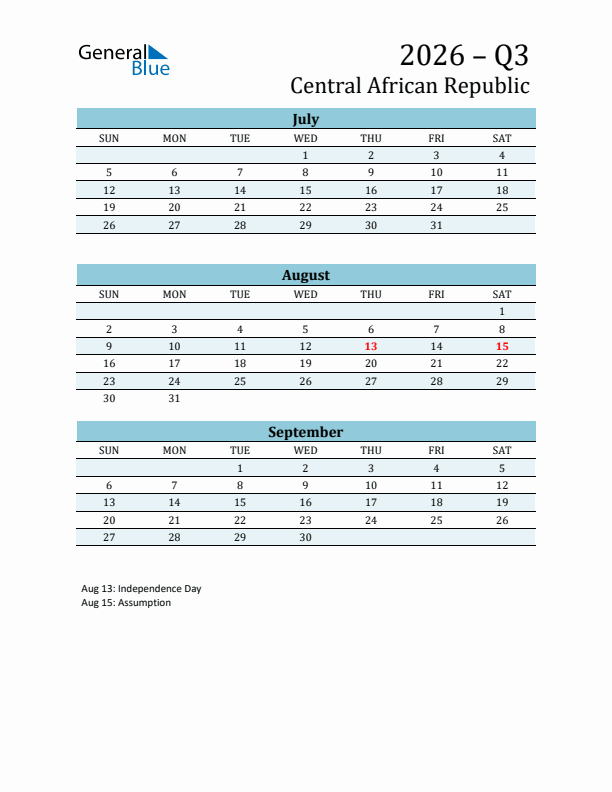 Three-Month Planner for Q3 2026 with Holidays - Central African Republic