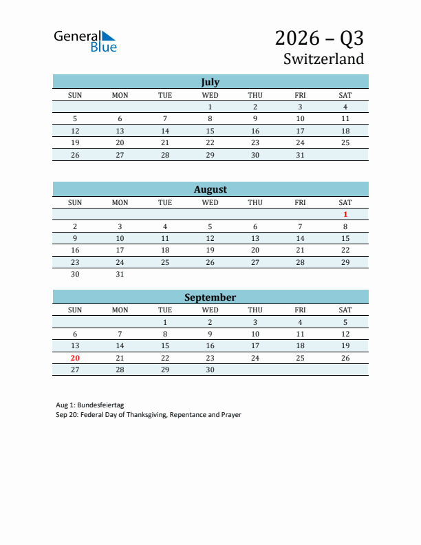 Three-Month Planner for Q3 2026 with Holidays - Switzerland