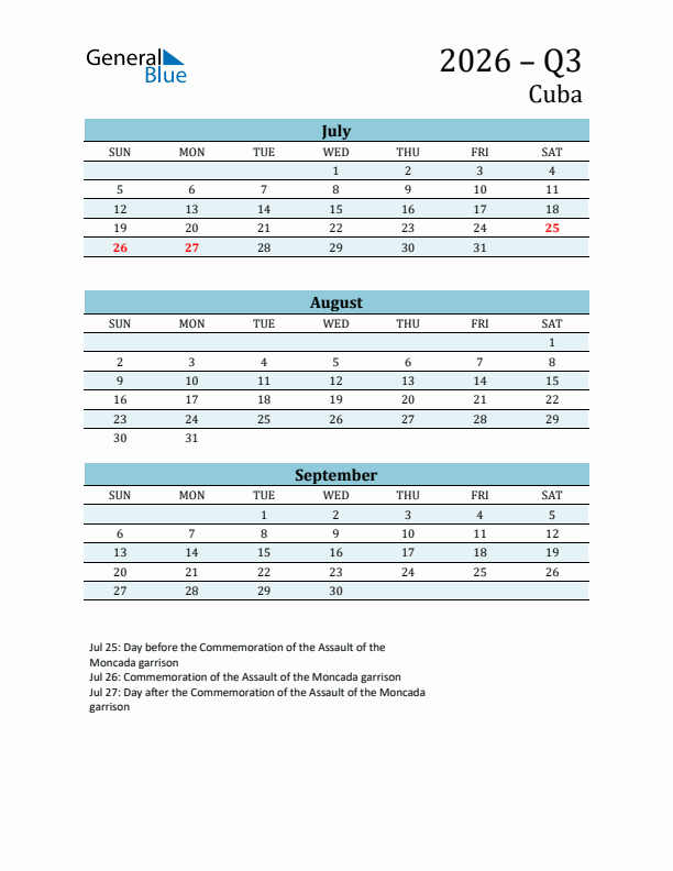 Three-Month Planner for Q3 2026 with Holidays - Cuba