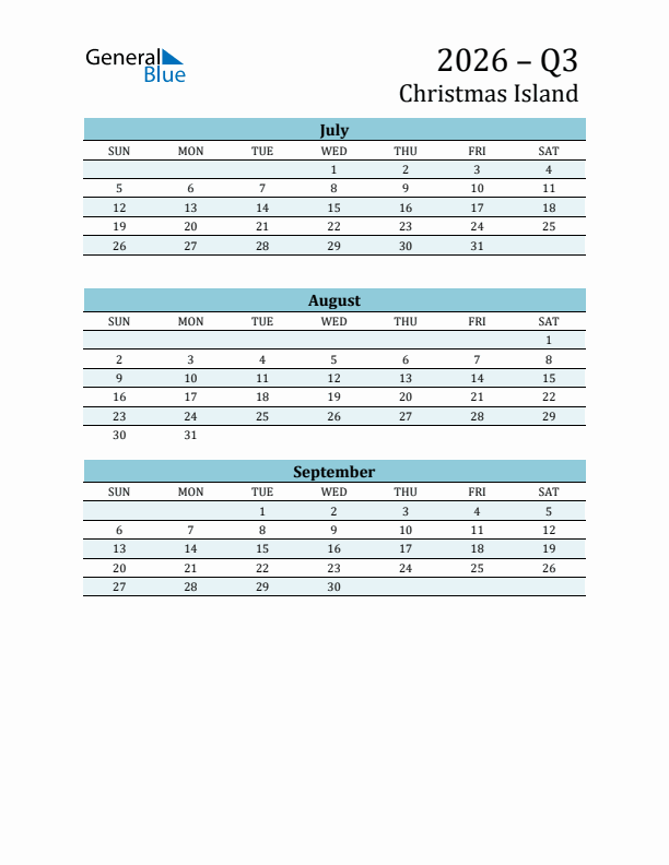 Three-Month Planner for Q3 2026 with Holidays - Christmas Island