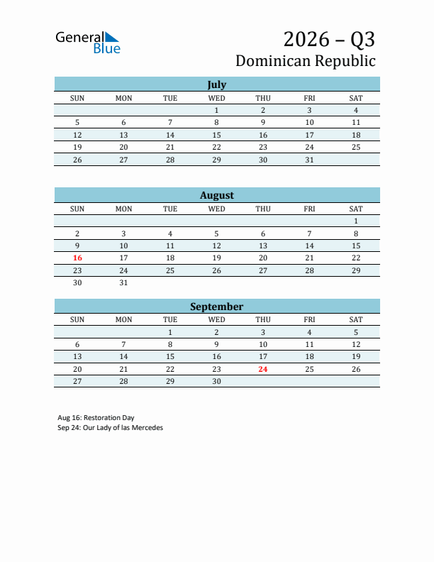 Three-Month Planner for Q3 2026 with Holidays - Dominican Republic