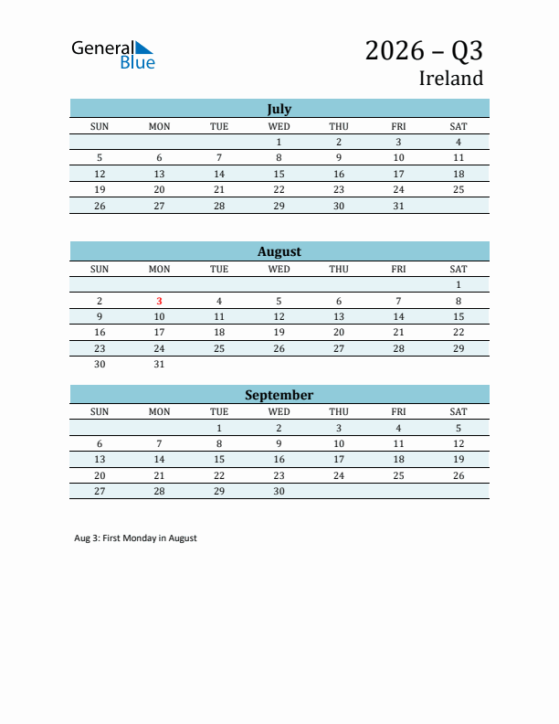 Three-Month Planner for Q3 2026 with Holidays - Ireland