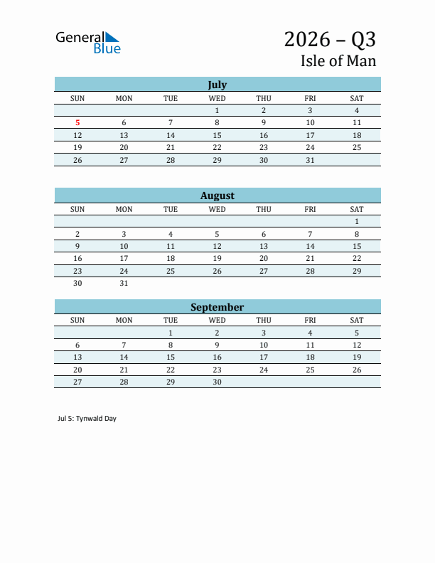 Three-Month Planner for Q3 2026 with Holidays - Isle of Man