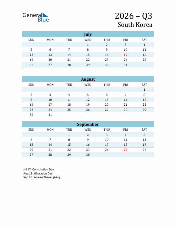 Three-Month Planner for Q3 2026 with Holidays - South Korea