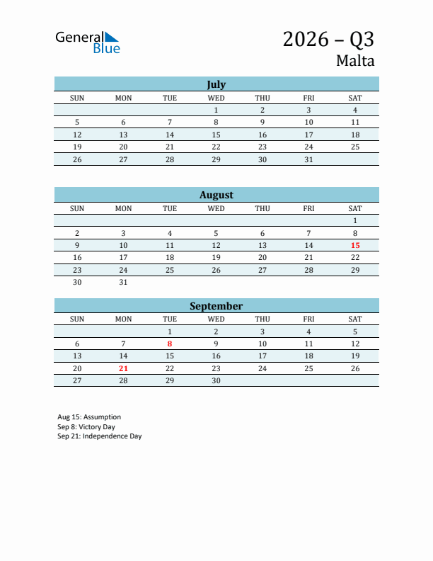 Three-Month Planner for Q3 2026 with Holidays - Malta