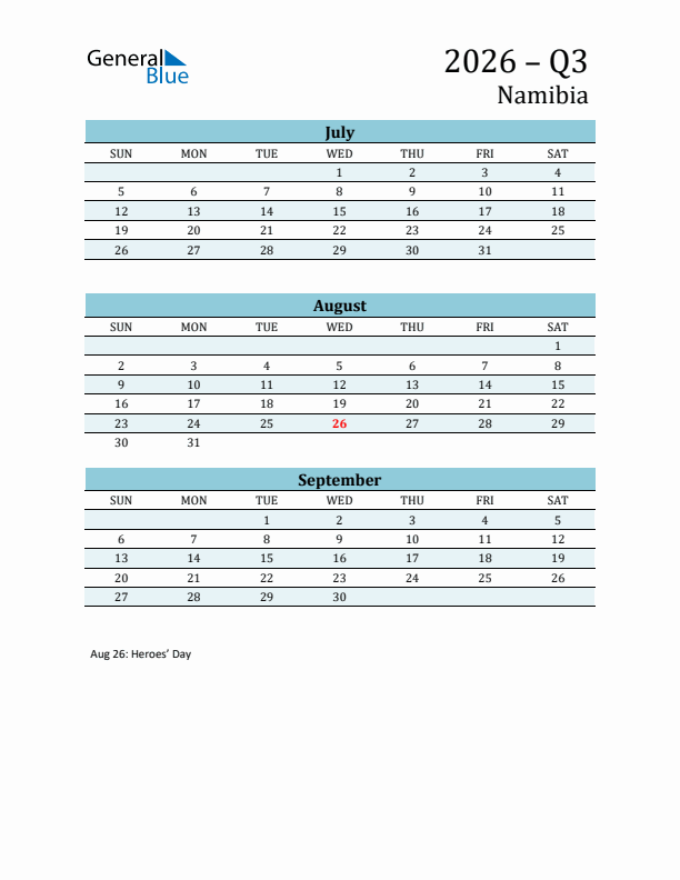 Three-Month Planner for Q3 2026 with Holidays - Namibia