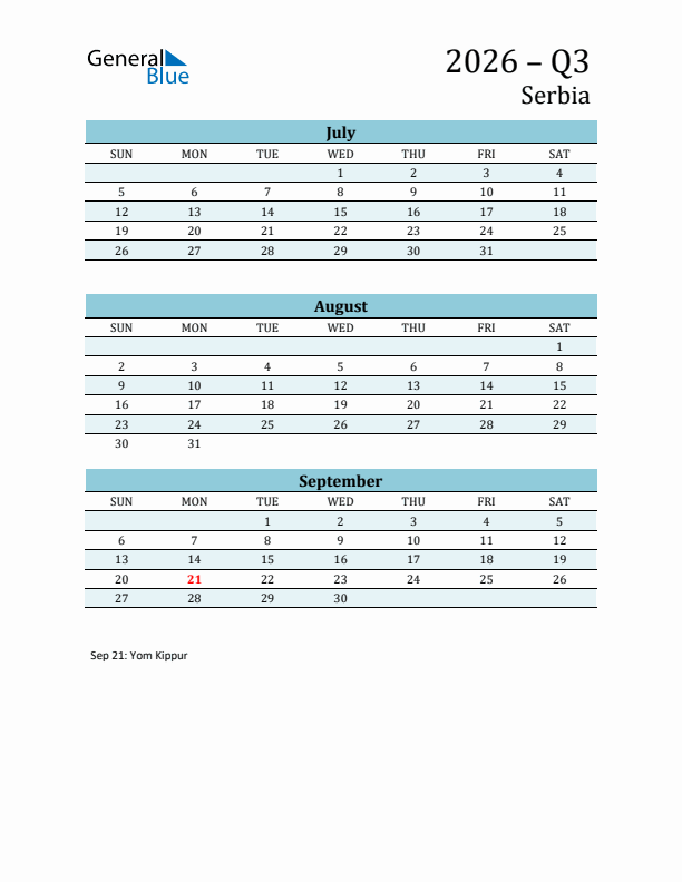 Three-Month Planner for Q3 2026 with Holidays - Serbia