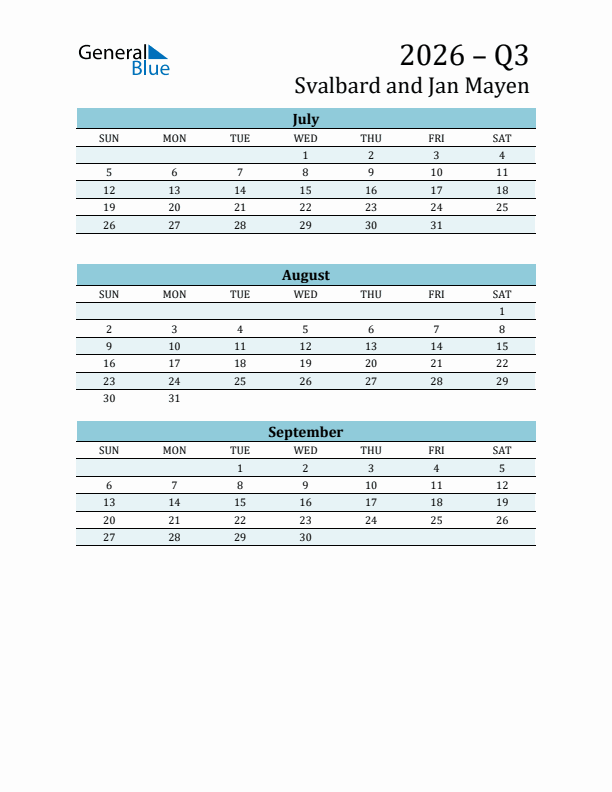 Three-Month Planner for Q3 2026 with Holidays - Svalbard and Jan Mayen