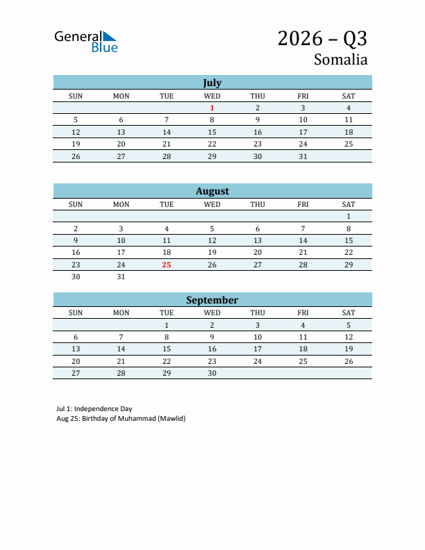 Three-Month Planner for Q3 2026 with Holidays - Somalia