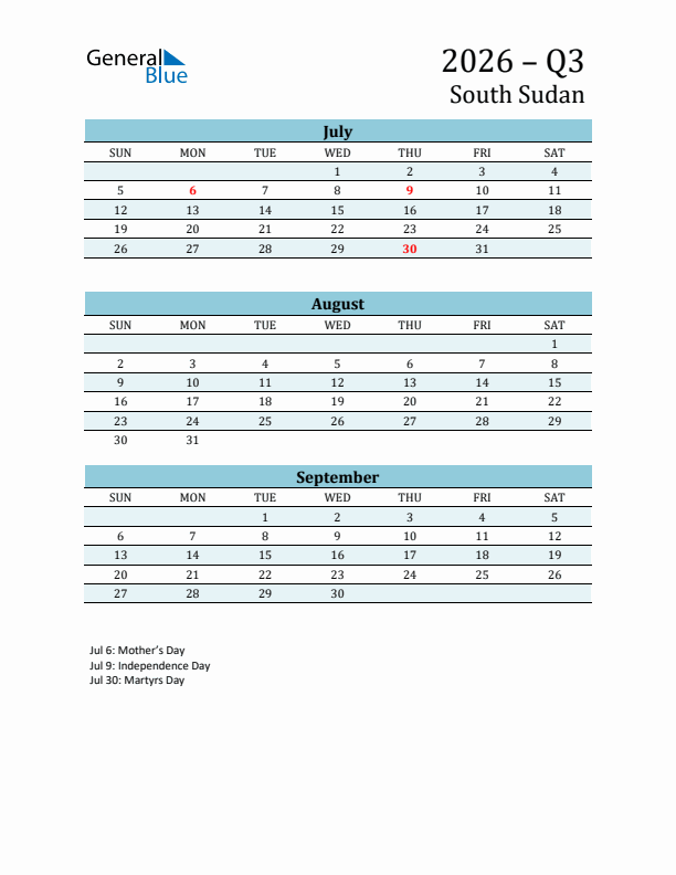 Three-Month Planner for Q3 2026 with Holidays - South Sudan