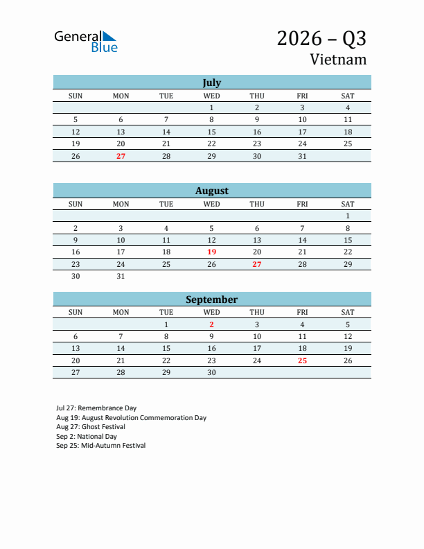 Three-Month Planner for Q3 2026 with Holidays - Vietnam